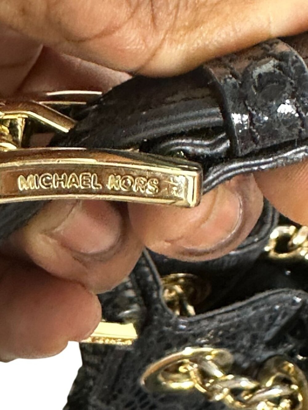 Michael Kors Black Glossy Python Embossed Leather Shoulder Bag Gold Chain Hobo P - Picture 4 of 14